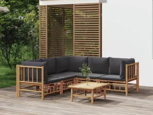 Set mobilier de grădină cu perne gri închis, 6 piese, bambus