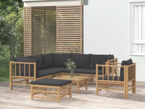 Set mobilier de grădină cu perne gri închis, 8 piese, bambus