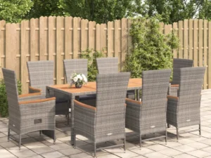 Set mobilier grădină cu perne, 9 piese, gri, poliratan