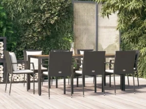 Set mobilier de grădină cu perne, 9 piese, negru, poliratan