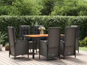 Set mobilier de grădină cu perne, 7 piese, negru, poliratan