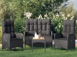 Set mobilier de grădină cu perne, 4 piese, negru, poliratan