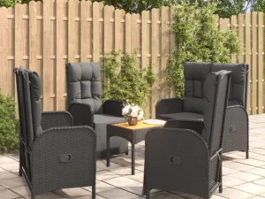 Set mobilier de grădină cu perne, 5 piese, negru, poliratan