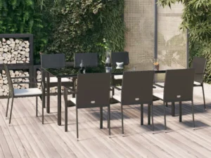 Set mobilier de grădină cu perne, 9 piese, negru, poliratan