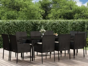 Set mobilier de exterior cu perne, 11 piese, negru, poliratan