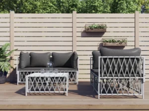 Set mobilier de grădină, 5 piese, cu perne, alb, oțel