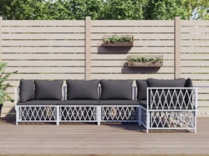 Set mobilier de grădină, 5 piese, cu perne, alb, oțel