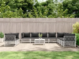 Set mobilier de grădină cu perne albe, 11 piese, oțel