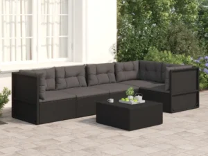 Set șezlonguri de grădină, 5 piese, cu perne, negru, poliratan