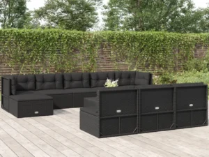 Set mobilier de grădină cu perne, 10 piese, negru, poliratan