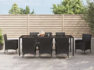 Set mobilier de grădină cu perne, 9 piese, negru, poliratan