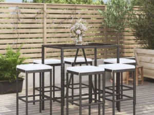 Set bar de grădină, 7 piese, cu perne, negru, poliratan