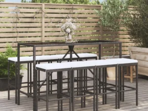 Set mobilier bar de grădină cu perne, 9 piese, negru, poliratan