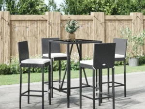 Set mobilier bar de grădină cu perne, 5 piese, negru, poliratan