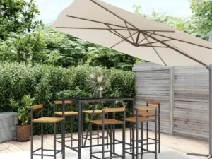 Set bar pentru grădină, 7 piese, negru, poliratan/lemn acacia