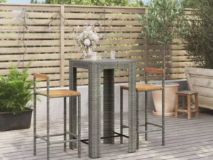 Set bar pentru grădină, 3 piese, gri, poliratan/lemn acacia